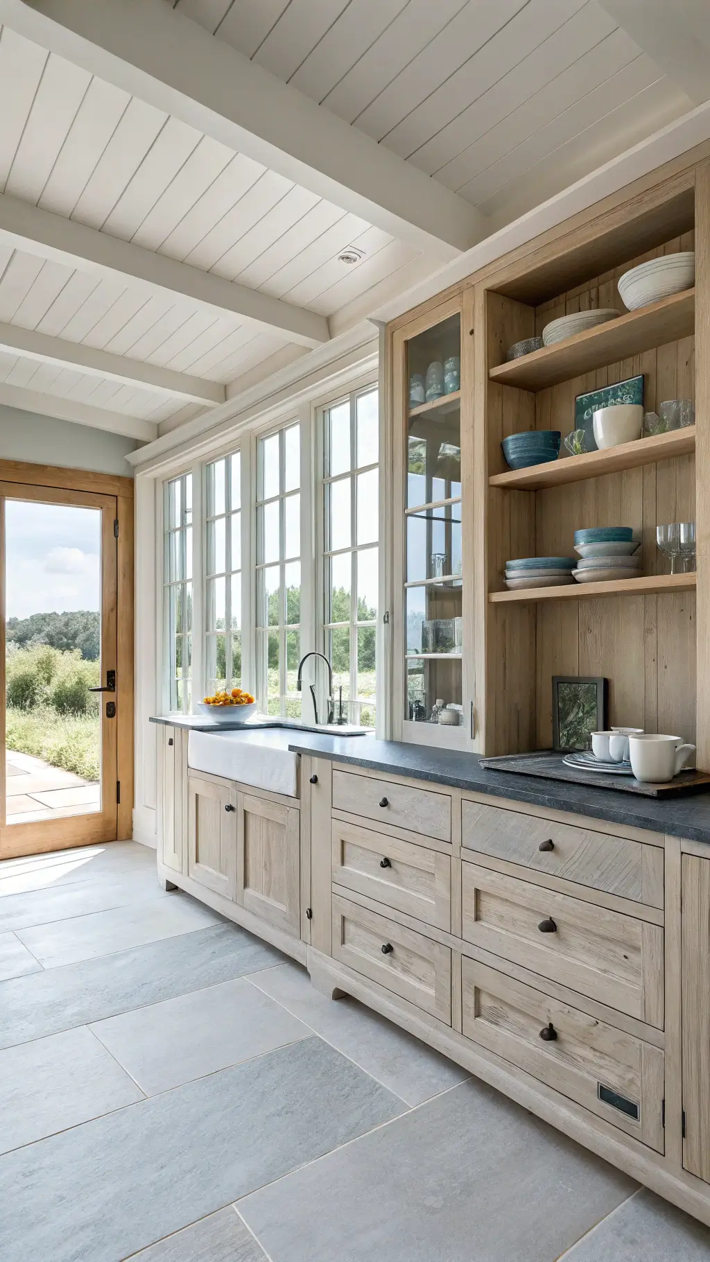 A light and breezy 16x14ft kitchen with whitewashed oak cabinets, high windows, blue-gray soapstone counters, open shelving with white ceramics and sea glass, pale limestone flooring, an adjacent dining space, and afternoon coastal light in a Hamptons-style coastal retreat.