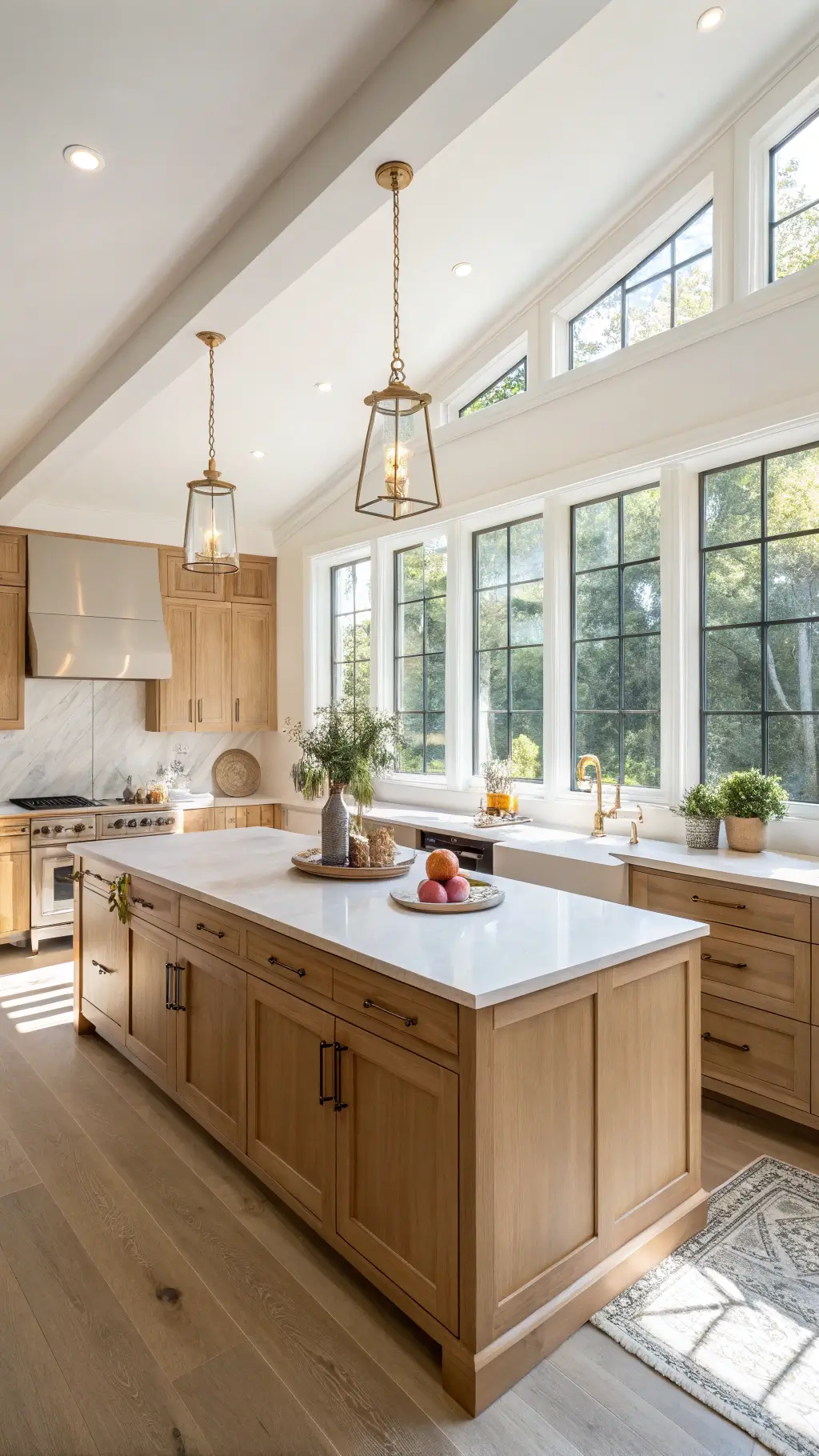 Bright and airy kitchen with floor-to-ceiling maple cabinets, white quartz countertops, brushed gold hardware, and Scandinavian style decor illuminated by the morning sun