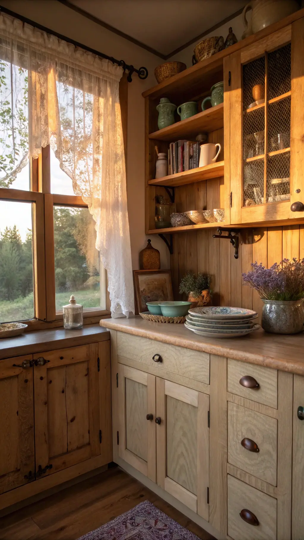 Rustic farmhouse kitchen corner at golden hour, featuring natural maple cabinets with vintage bronze pulls, open shelving with artisan pottery, butcher block countertop, dried lavender accents, and weathered cookbooks.