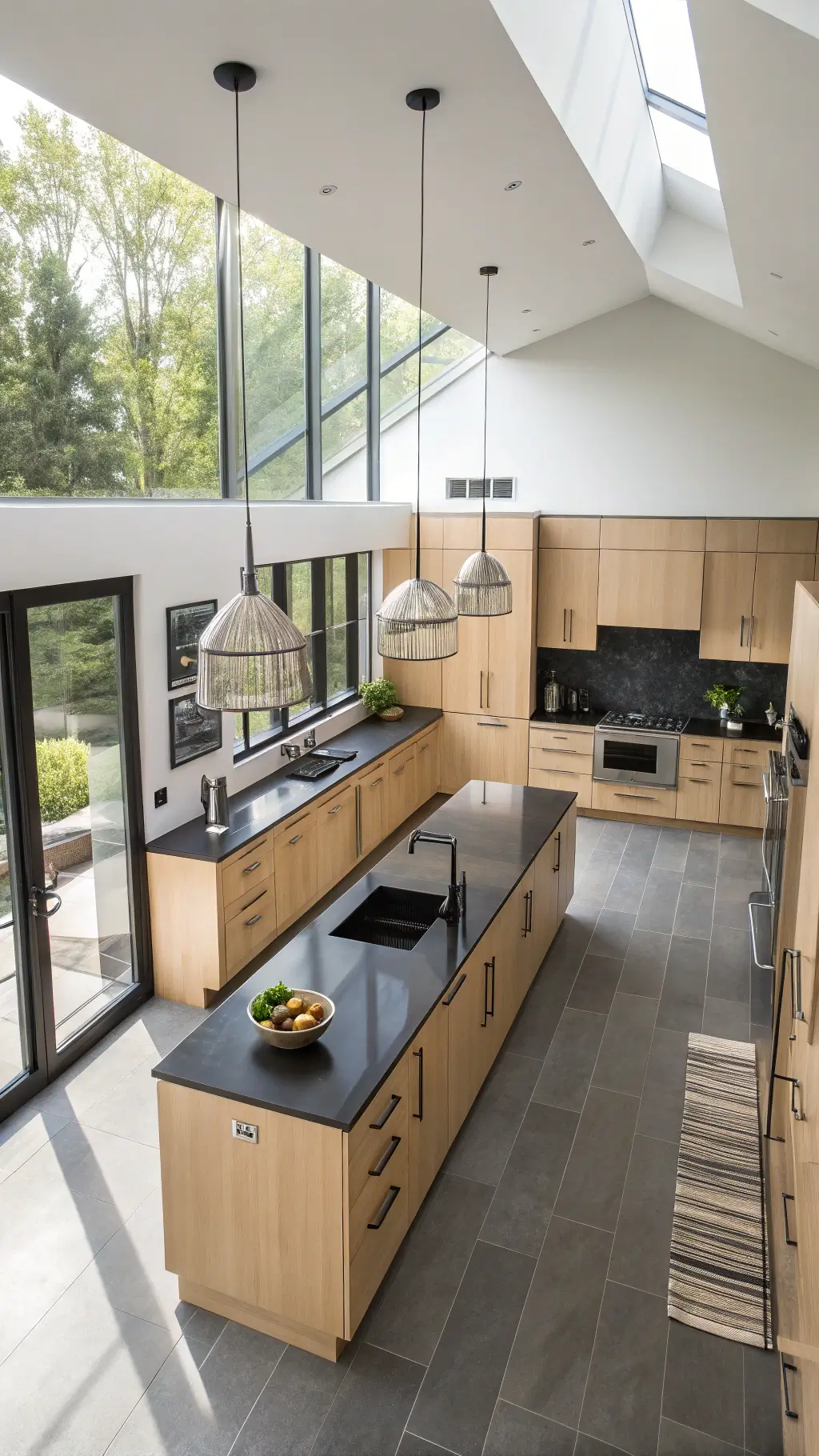 Midday shot of a modern minimalist kitchen with sleek natural maple cabinets, matte black countertops, center island with waterfall edges, geometric ceramics, and a architectural fruit bowl, highlighted by dramatic shadows and strategic LED underlighting.