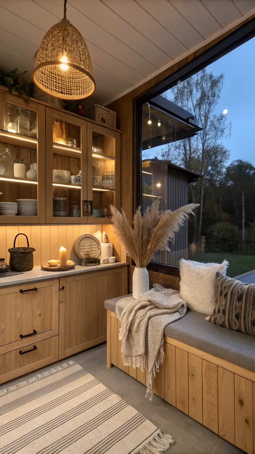 Scandinavian-inspired kitchen nook with natural maple cabinets, open shelving, and cozy dining area lit by warm artificial light at dusk, accessorized with linen textiles, woven pendant light, and a sheepskin throw.