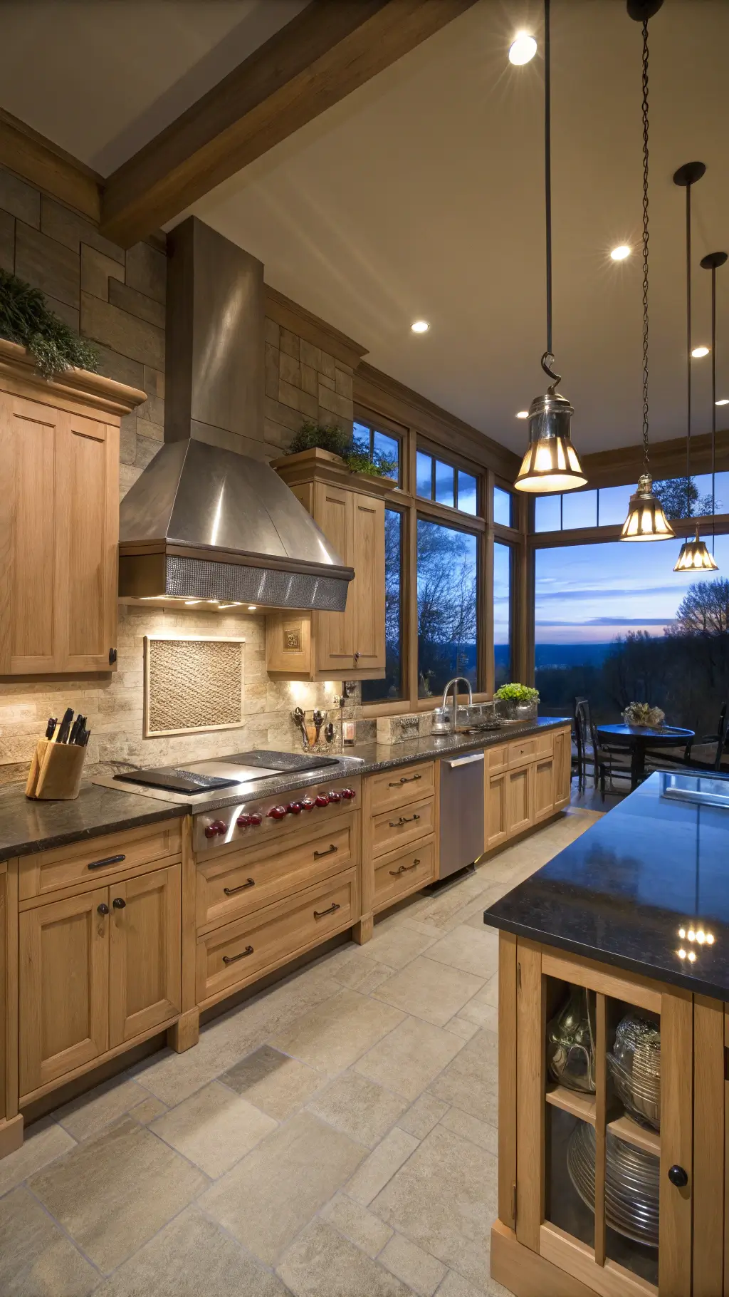 Professional kitchen featuring natural maple cabinets, commercial stainless steel appliances, granite accents, and copper pots, highlighted by focused lighting through a wide-angle lens during blue hour.