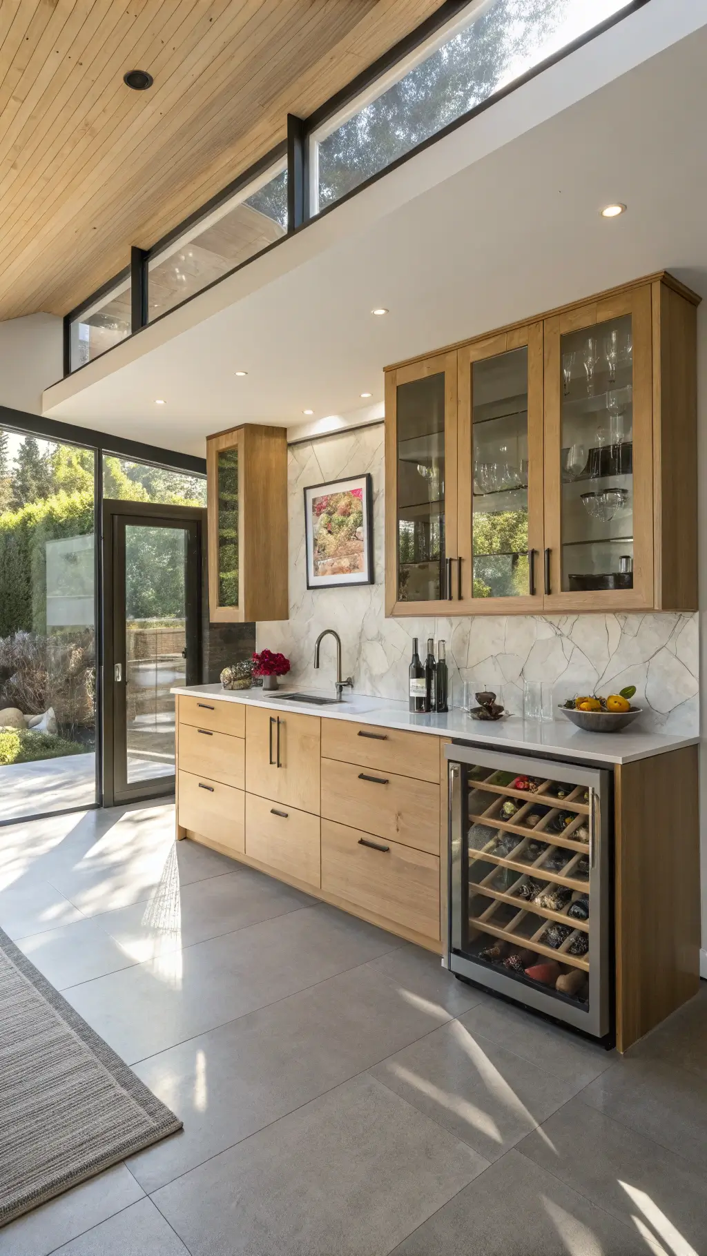 Open-concept modern kitchen with maple and glass cabinets, custom wine storage, built-in appliances, and a bar display, highlighted by dramatic morning shadows.