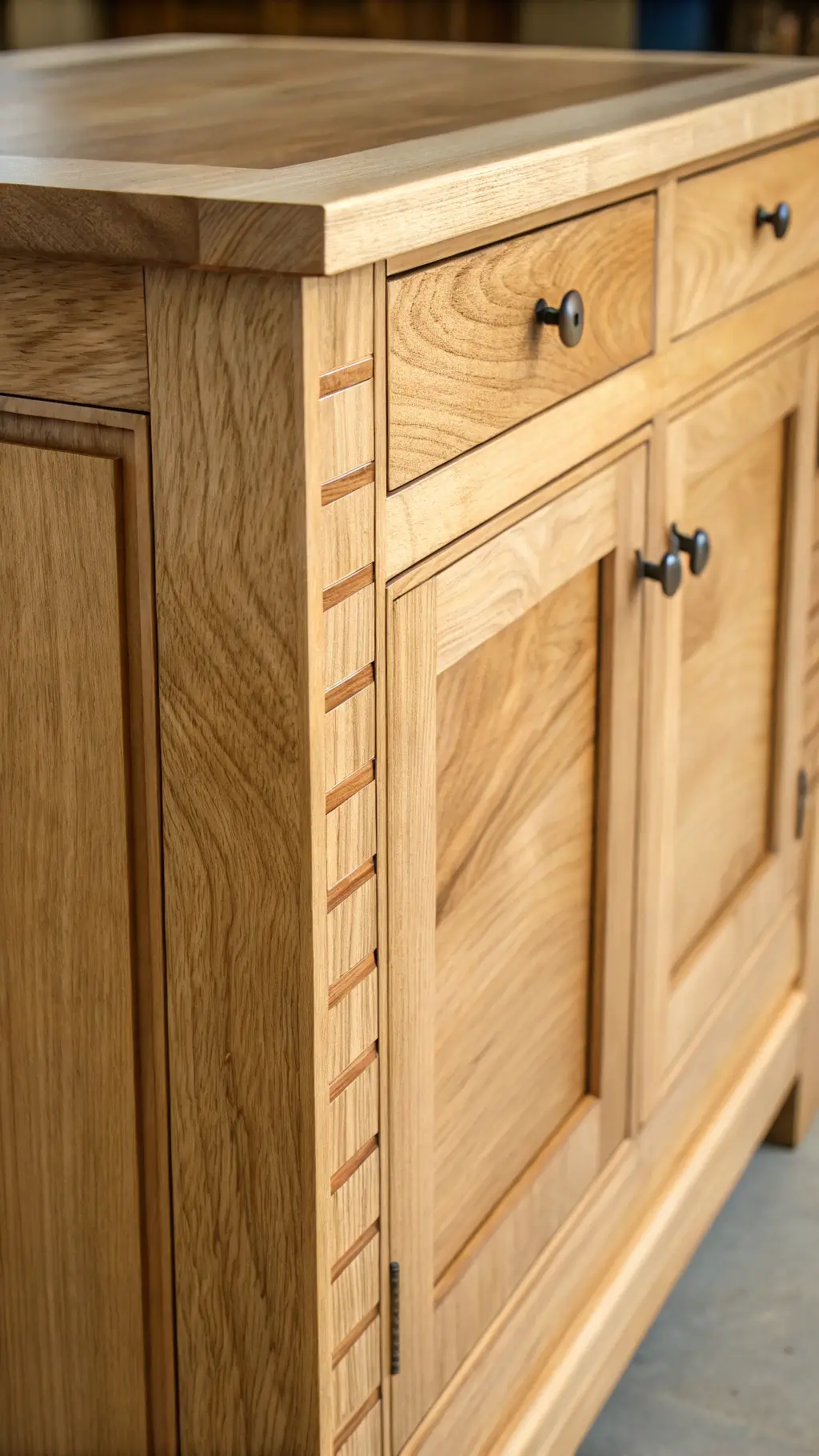 Close-up shot of natural maple cabinet with minimal hardware and single elegant handle, highlighting the craftsmanship, grain patterns, and joinery details under controlled lighting.