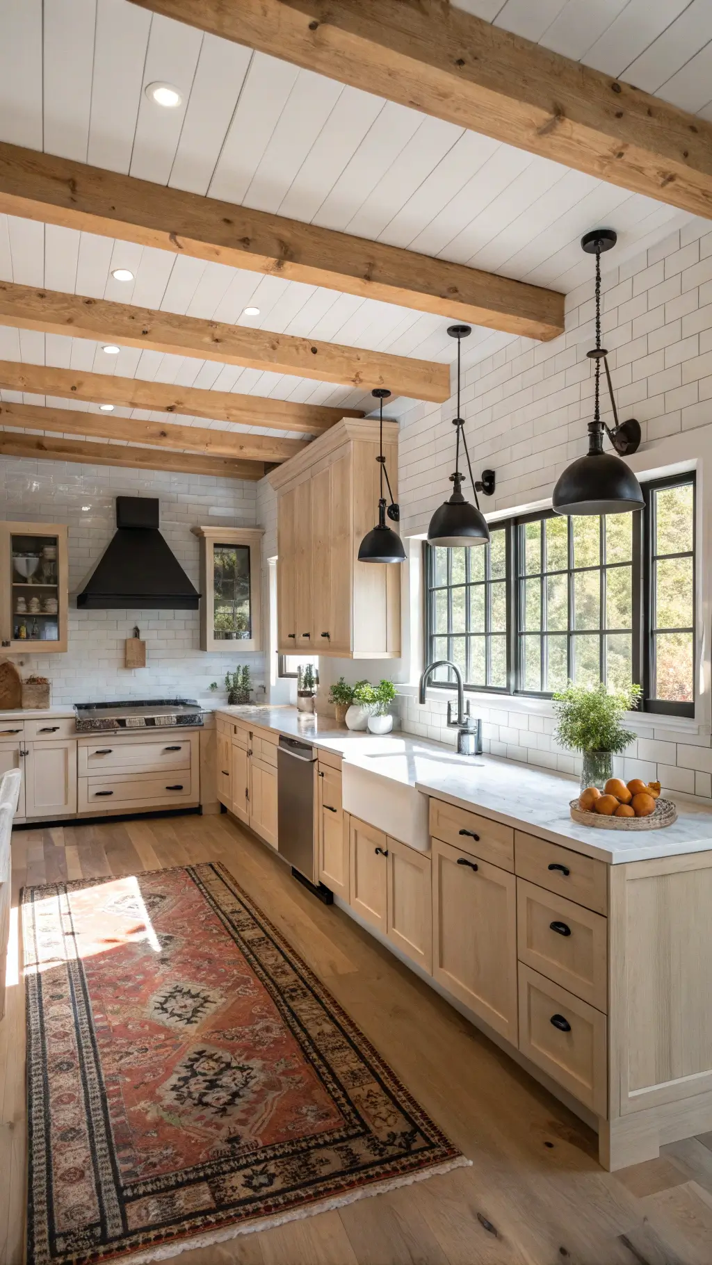 Aerial view of a spacious modern farmhouse kitchen with light maple cabinets, honed marble counters, exposed beams, and subway tile backsplash. The room is lit by morning light casting dramatic shadows, and decorated with a vintage rug, antique cutting boards, and earthenware crocks. The color scheme features natural maple, crisp white, matte black, and aged brass.