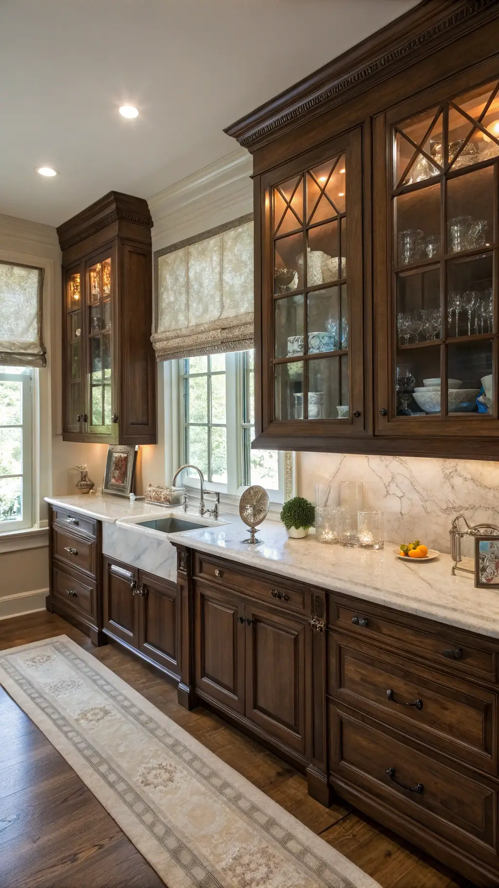 Traditional-style kitchen with dark walnut cabinets, cream marble countertops, and vintage china in glass-front cabinets, lit by soft diffused light through sheer roman shades.