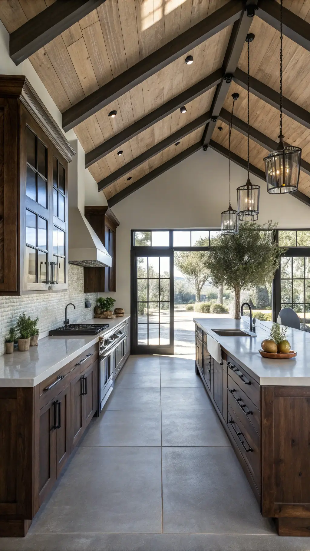 Wide-angle shot of a modern farmhouse kitchen with vaulted ceiling, exposed beams, walnut cabinets, concrete countertops, and black hardware fixtures, illuminated by dramatic afternoon shadows through black-framed windows, styled with vintage cutting boards and potted olive trees.