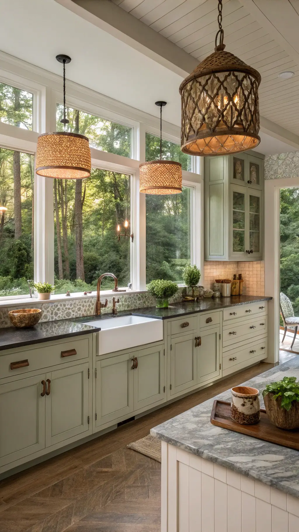Symmetrical view of a nature-inspired 13x17ft kitchen with chalk white upper cabinets, sage green lower cabinets, soapstone counters, handmade ceramic tile backsplash, copper and wooden accents, woven pendant lights casting dappled shadows, styled with earthenware pottery and fresh greenery against afternoon light filtering through a garden view.