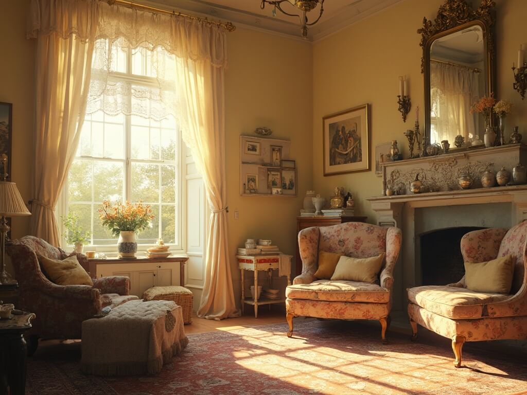 Vintage grandmacore living room featuring floral wingback chair, Persian rug, botanical prints, and warm sunlight streaming through lace curtains.