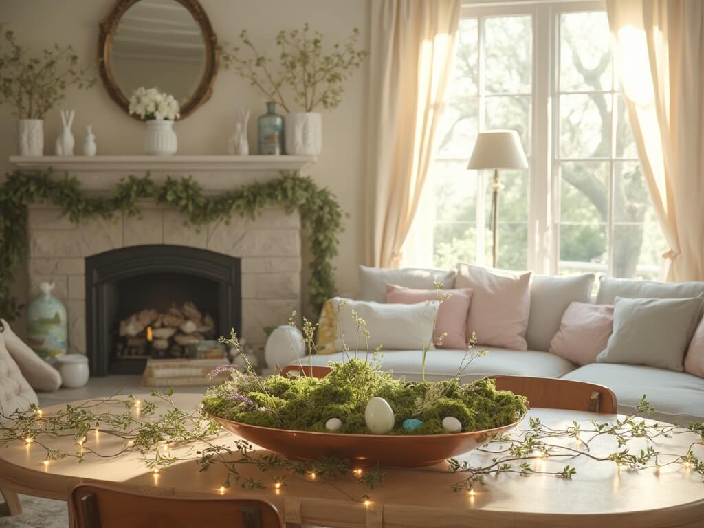 "Elegant sunlit Easter themed living room with white ceramic bunnies on fireplace mantel, watercolor egg display on hutch, and dining table centerpiece of quail eggs in copper bowl"