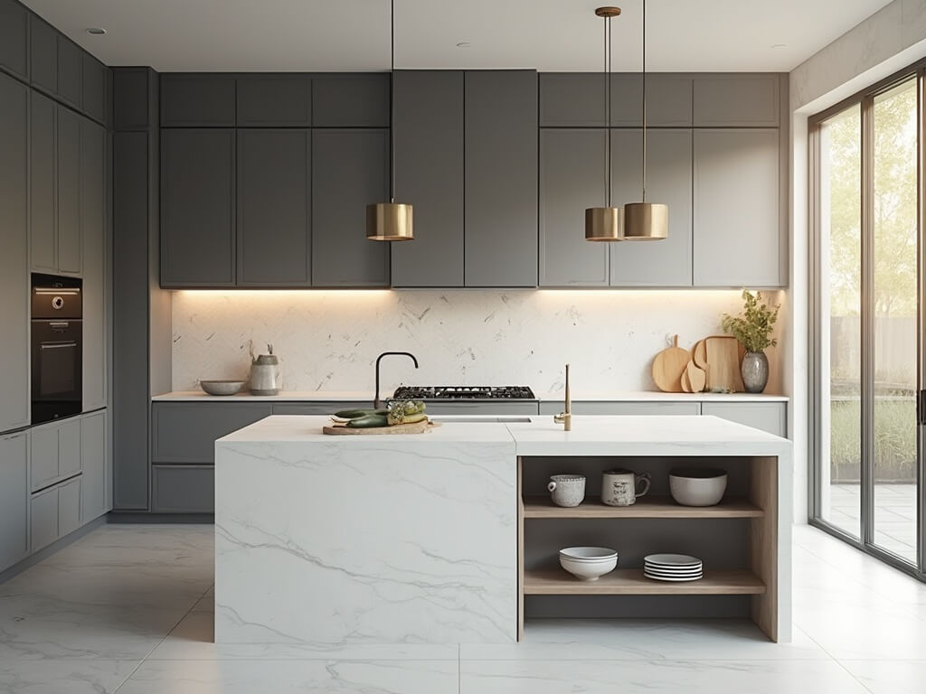 "Luxe gray modern kitchen with white quartz island, marble herringbone backsplash, and matte black fixtures, illuminated by soft morning light"