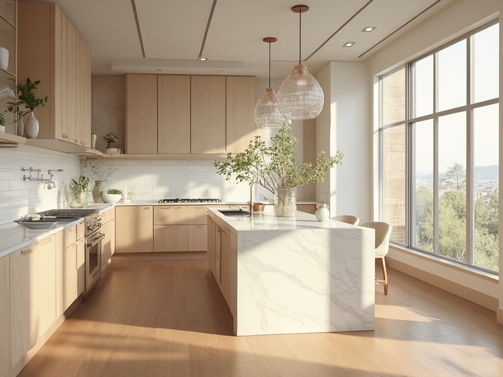 "Modern-transitional Pale Oak kitchen with waterfall island, brass hardware, and oak floors bathed in soft morning light"