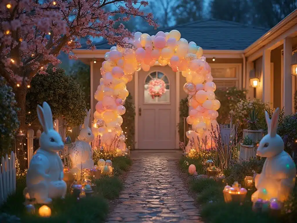 "Magical Easter garden at dusk with pastel balloon arch entrance, glowing bunny statues, and egg stakes along path, decorated with blooming flowers and fairy lights, and egg hunt zones under a blue twilight sky."