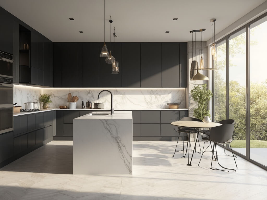 "Luxurious modern kitchen with charcoal gray cabinets, white quartz island, matte black fixtures, oak flooring and natural sunlight streaming through floor-to-ceiling windows"