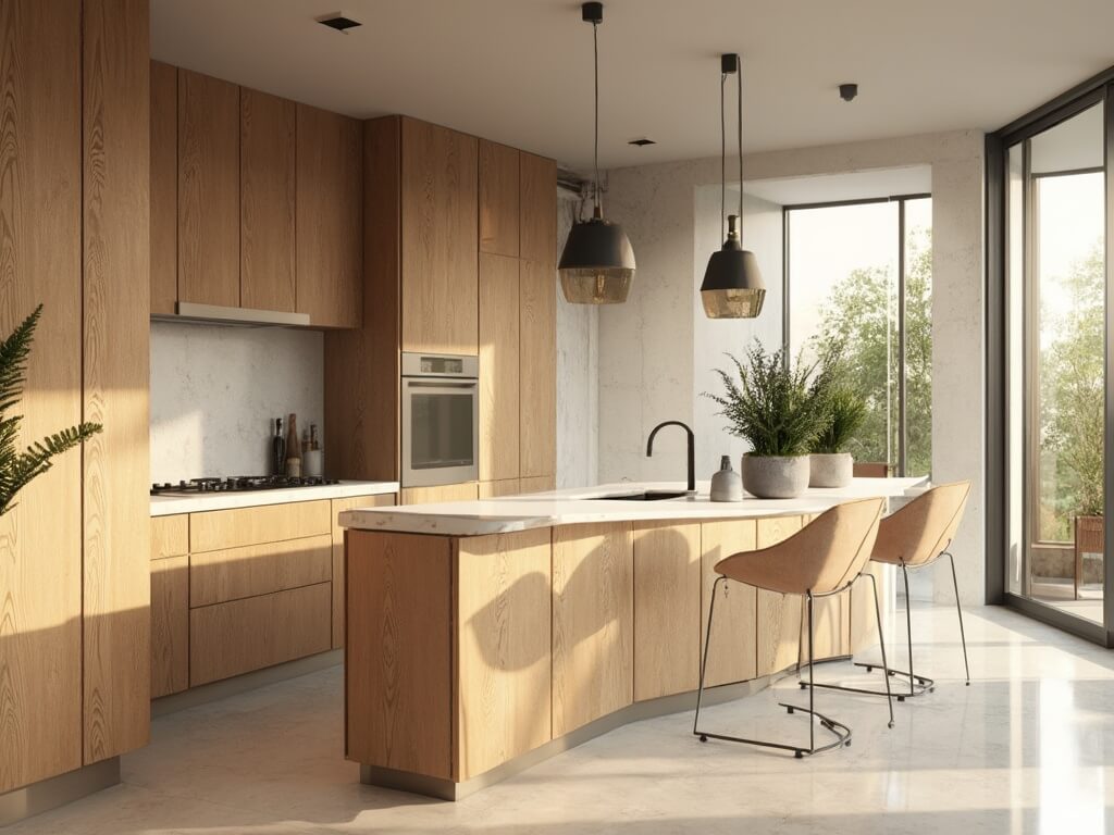 "Sunlit modern kitchen with hickory wood cabinets and white quartz island"