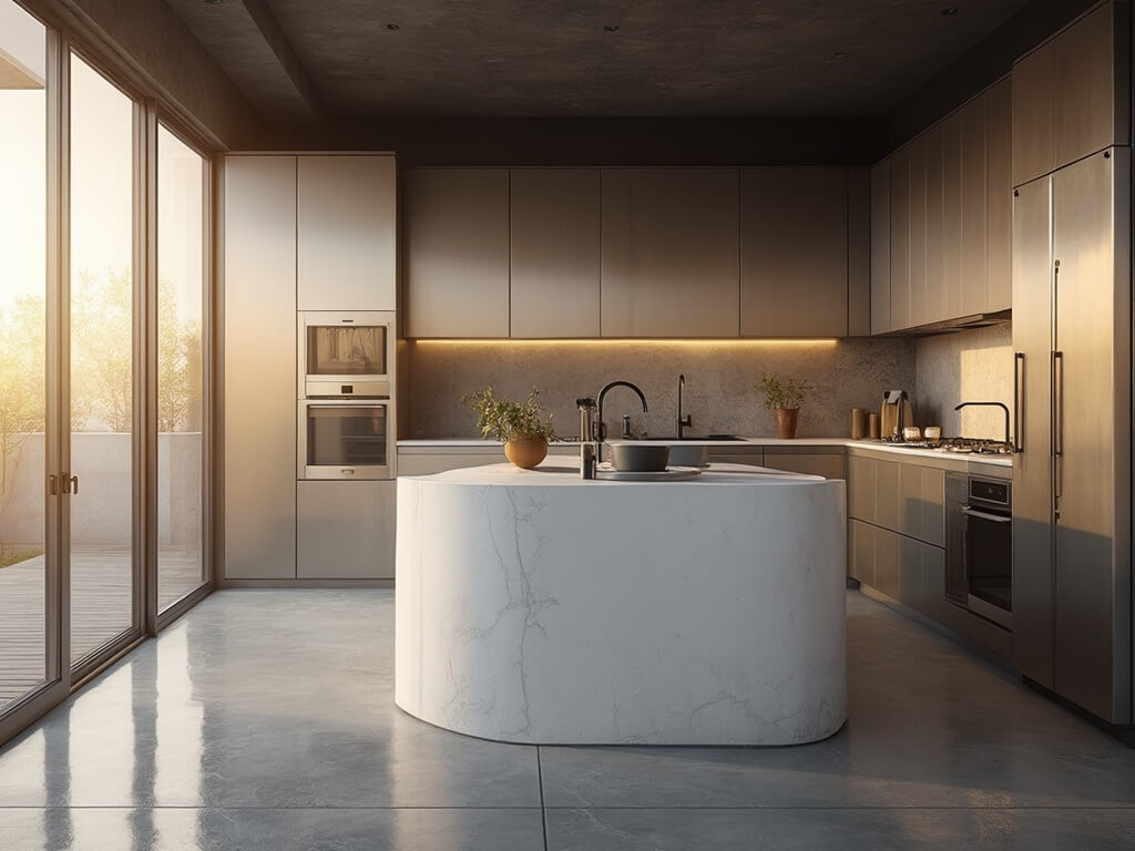 "Luxury modern kitchen with sleek aluminum cabinets, white quartz countertop, and golden hour sunlight through floor-to-ceiling windows"