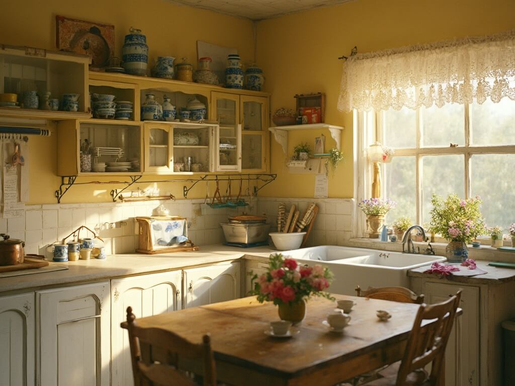 "Sunlit farmhouse kitchen with butter-yellow walls, vintage dishes, and cozy decor"