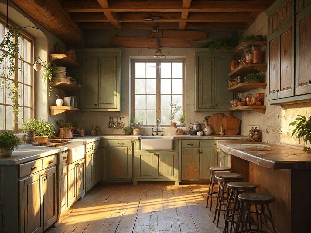 "Rustic kitchen interior with hickory cabinets, soapstone countertops, and vintage details, bathed in warm sunlight through west-facing windows"