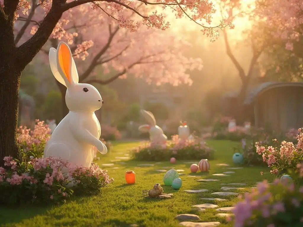 "Panoramic view of a Victorian garden at golden hour featuring an inflatable Easter bunny and metallic egg stakes amidst cherry blossoms and lawn, vintage decor, and atmospheric lighting."
