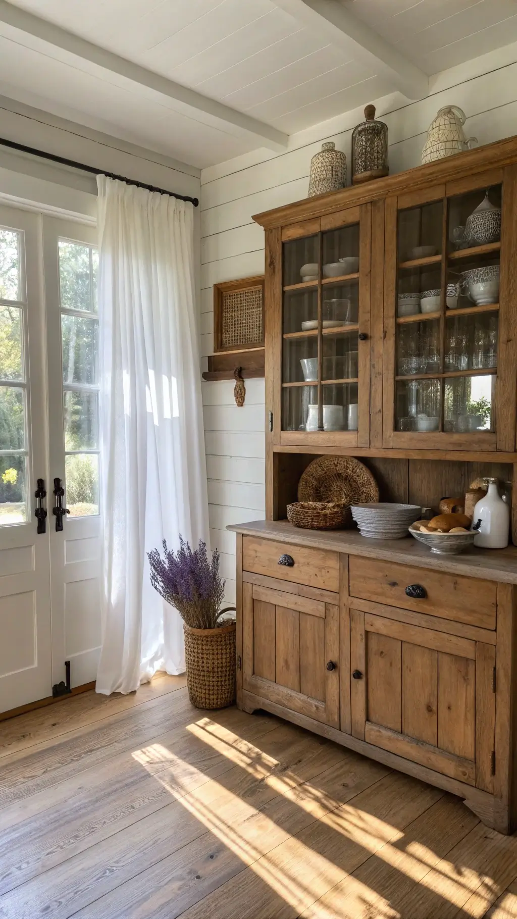 Sunny farmhouse kitchen with a vintage hutch against a shiplap wall, displaying ironstone dishes and copper vessels, with accents of dried lavender, baskets, and antique glass bottles.