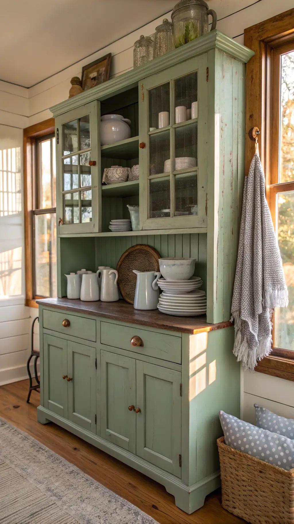 Sage green hutch in a small breakfast nook with golden hour lighting highlighting distressed paint details and wood wear patterns, filled with ceramic pitchers and linen napkins.