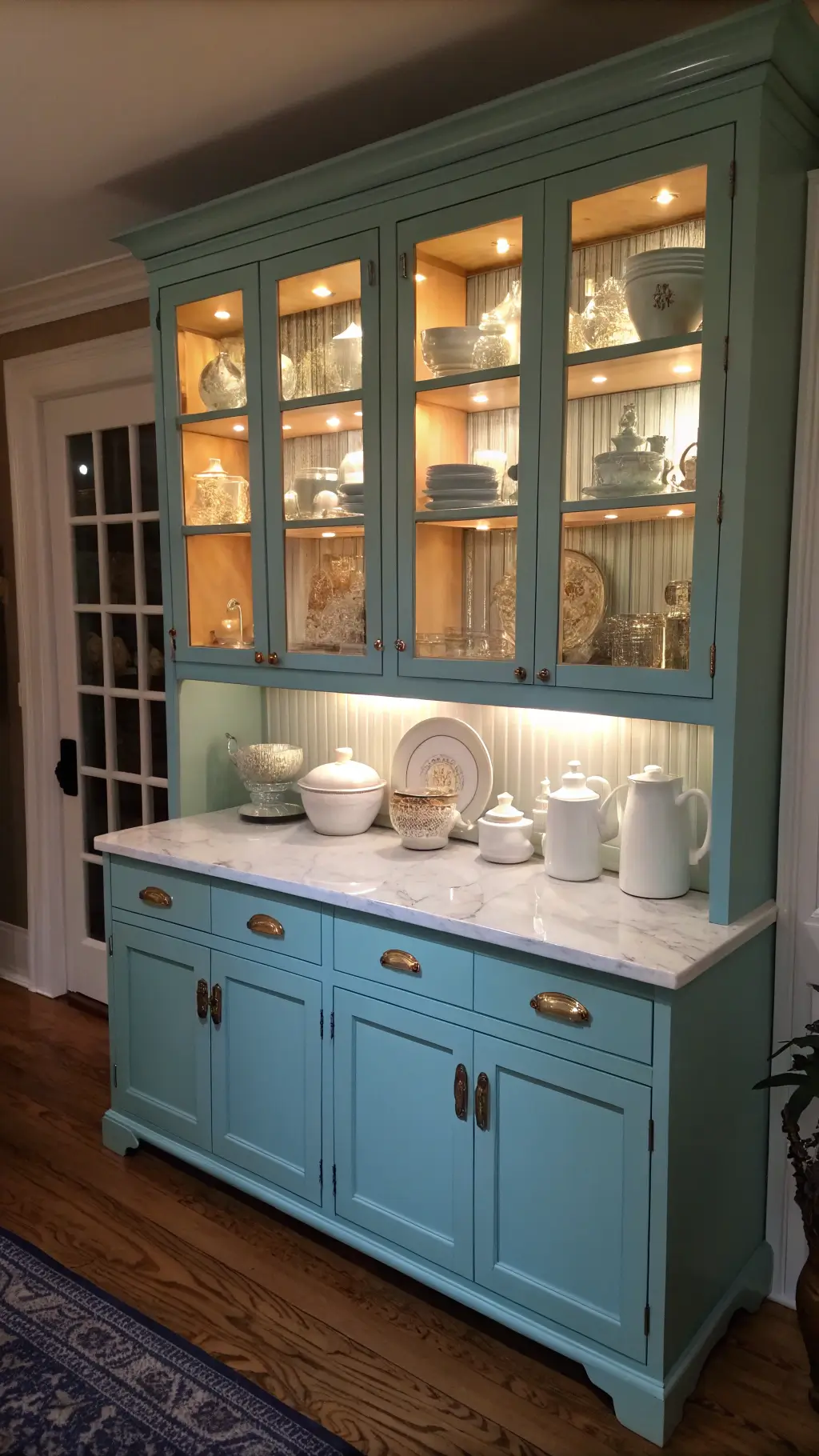 Dramatic evening view of a tall robin's egg blue hutch, its glass-front cabinets lit by LED strips, displaying white pottery against blue backdrop, accented with mercury glass and vintage silverware displays, in a spacious kitchen with marble countertop reflecting the warm lighting.