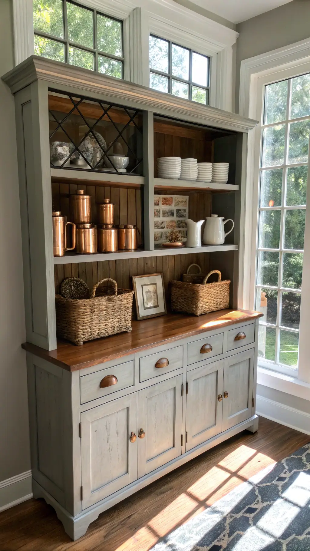 Bright and rustic dining area featuring a weathered gray hutch with adjustable wooden shelves, styled with white ironstone, copper Moscow mule mugs, and woven storage baskets, with soft-close drawers below with aged brass pulls, under mid-morning light casting geometric shadows through mullioned windows.
