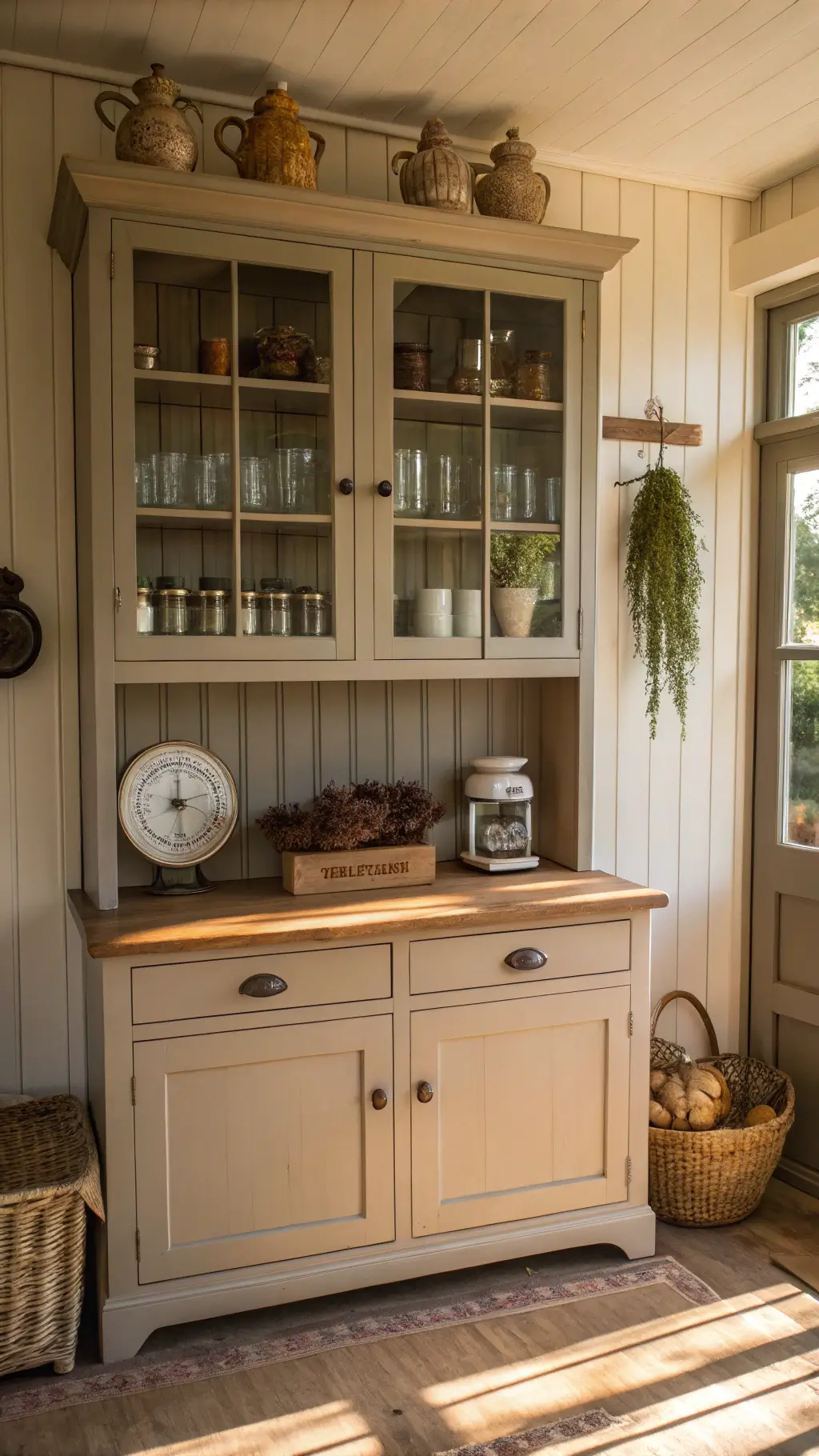 Cozy kitchen scene with a taupe hutch against cream walls, glass-front cabinets displaying mason jars and cake stands, antique scale on wooden countertop, and accessories like cutting boards and pottery under warm afternoon sun.