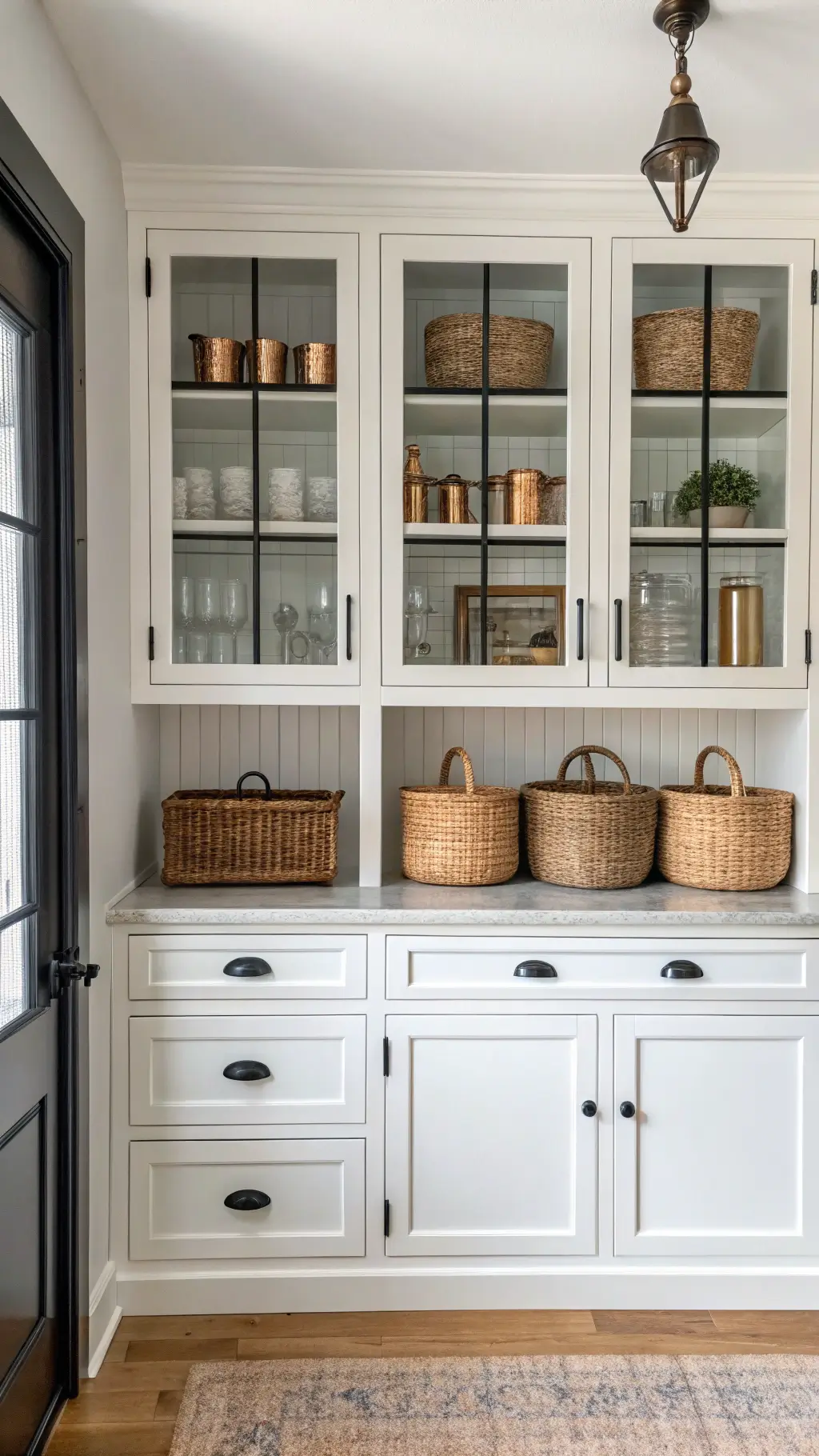 Modern farmhouse kitchen vignette featuring a white hutch with black hardware, mixed metal accents, woven storage baskets, glass canisters, and vintage enamelware under soft natural light and subtle undercabinet lighting.
