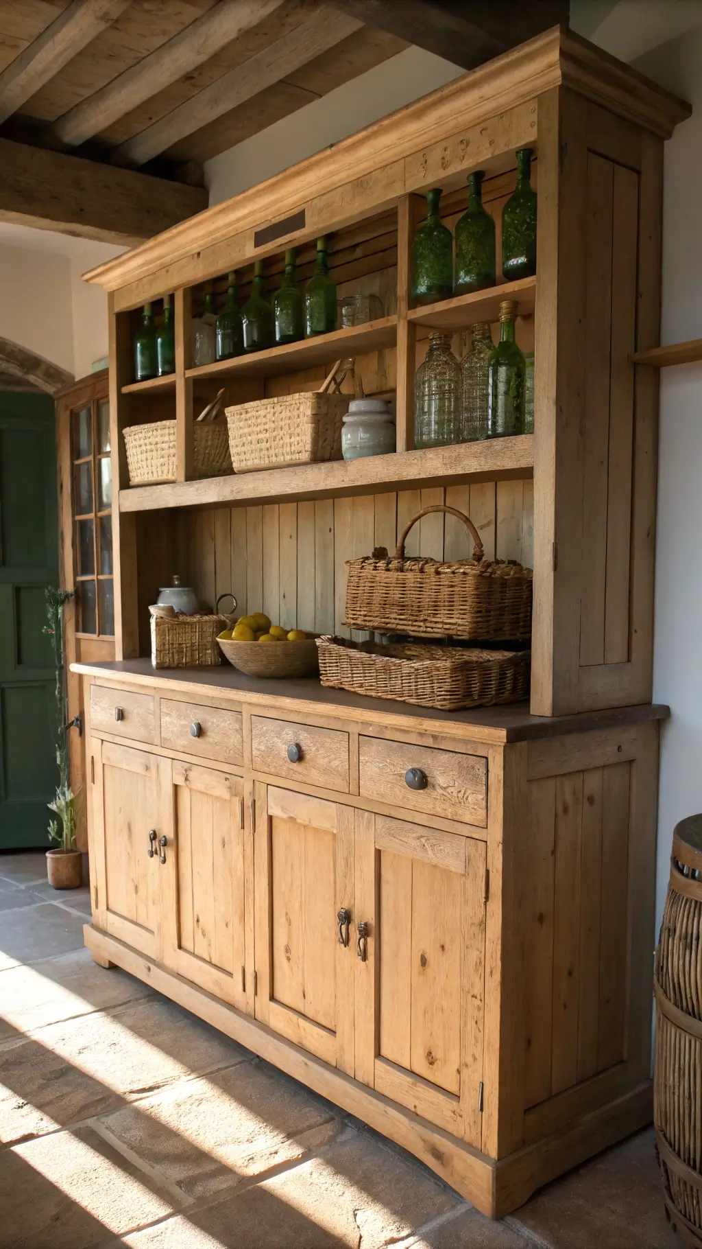 Rustic country kitchen with natural wood hutch styled with vintage items, illuminated by dawn light and industrial task lighting