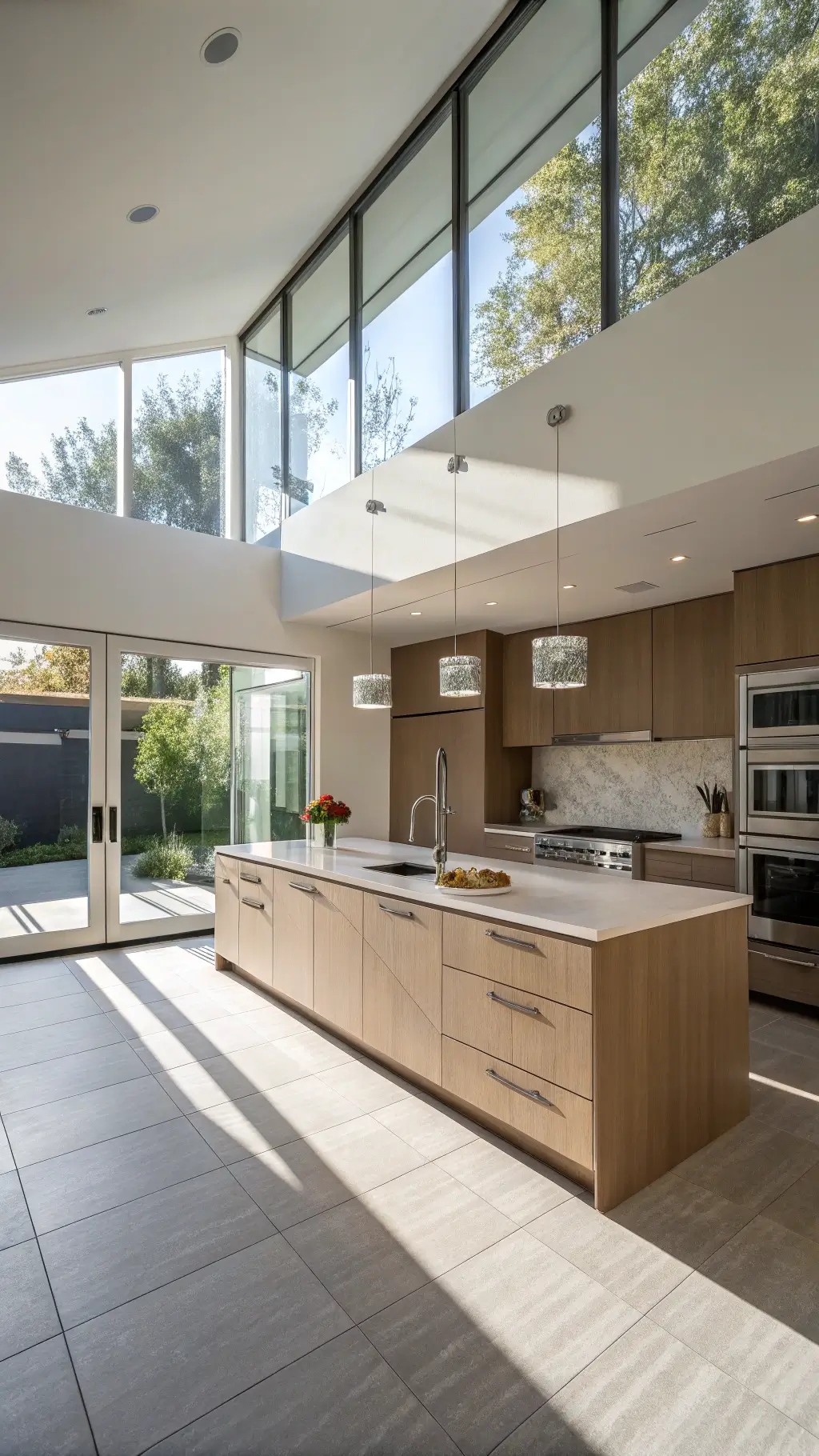 Sunny modern minimalist kitchen with light brown floor-to-ceiling cabinets, quartz island, and stainless steel appliances, decorated with slim pendant lights and geometric shadows from clerestory windows.