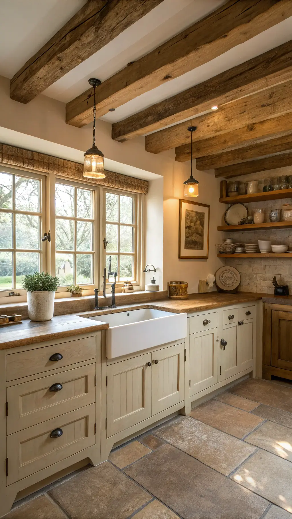 Rustic farmhouse kitchen with exposed wooden beams, golden hour lighting, light brown cabinets, ceramic sink, wooden shelving, stone backsplash, weathered oak floors, and antique copper pendants