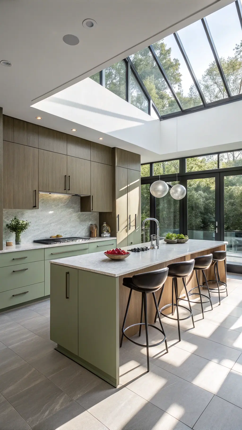 Overhead shot of a contemporary 13x18ft kitchen with floor-to-ceiling windows, light brown slab cabinets, white quartz countertops, a sage green accent wall, and a waterfall island with leather barstools, bathed in mid-afternoon light creating dramatic shadows.