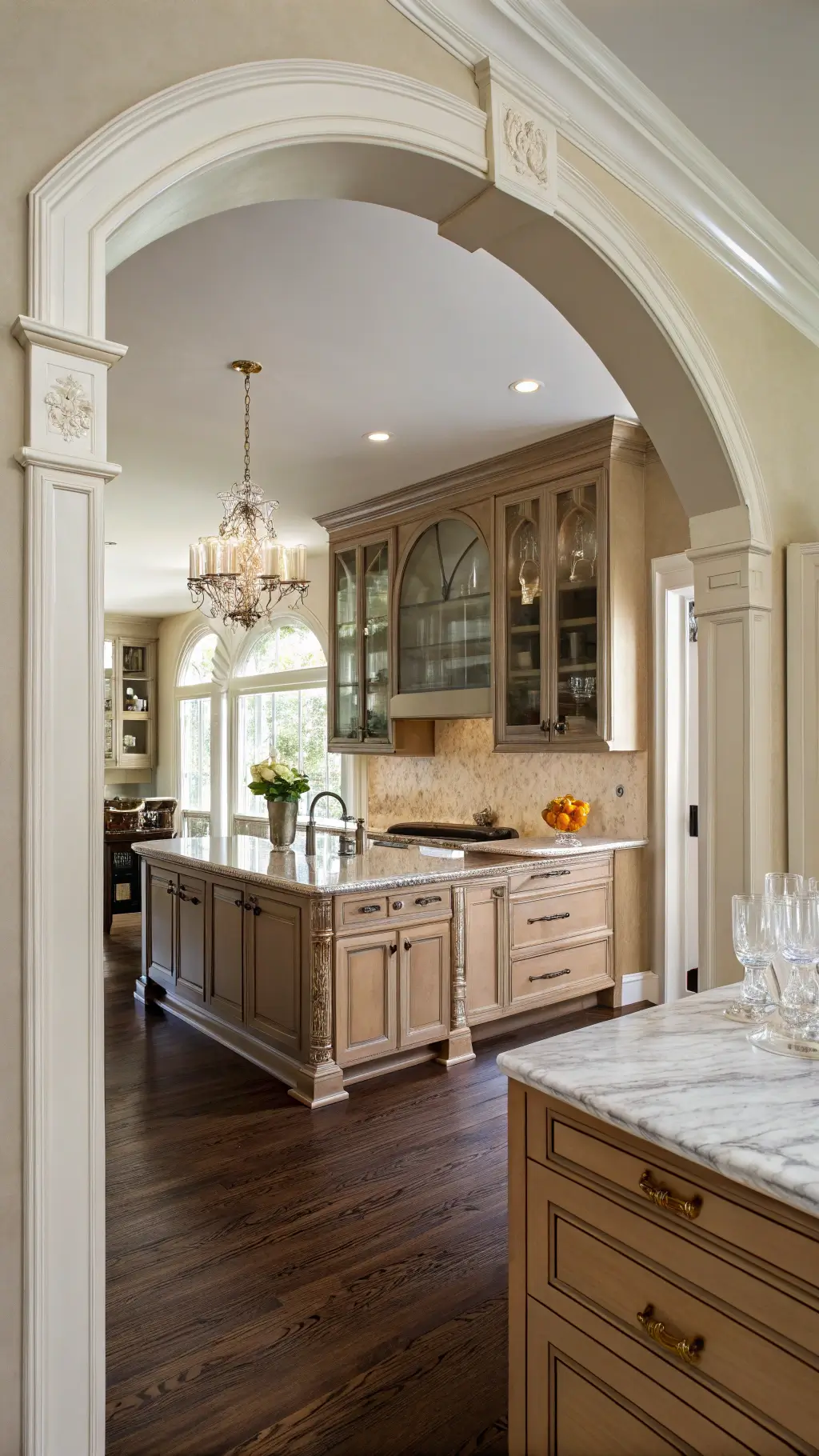 Elegant transitional kitchen with light brown cabinets, brushed gold hardware, glass-front upper cabinets displaying crystal glassware, marble counter-topped island and dark walnut floors against creamy beige walls lit by soft morning light.