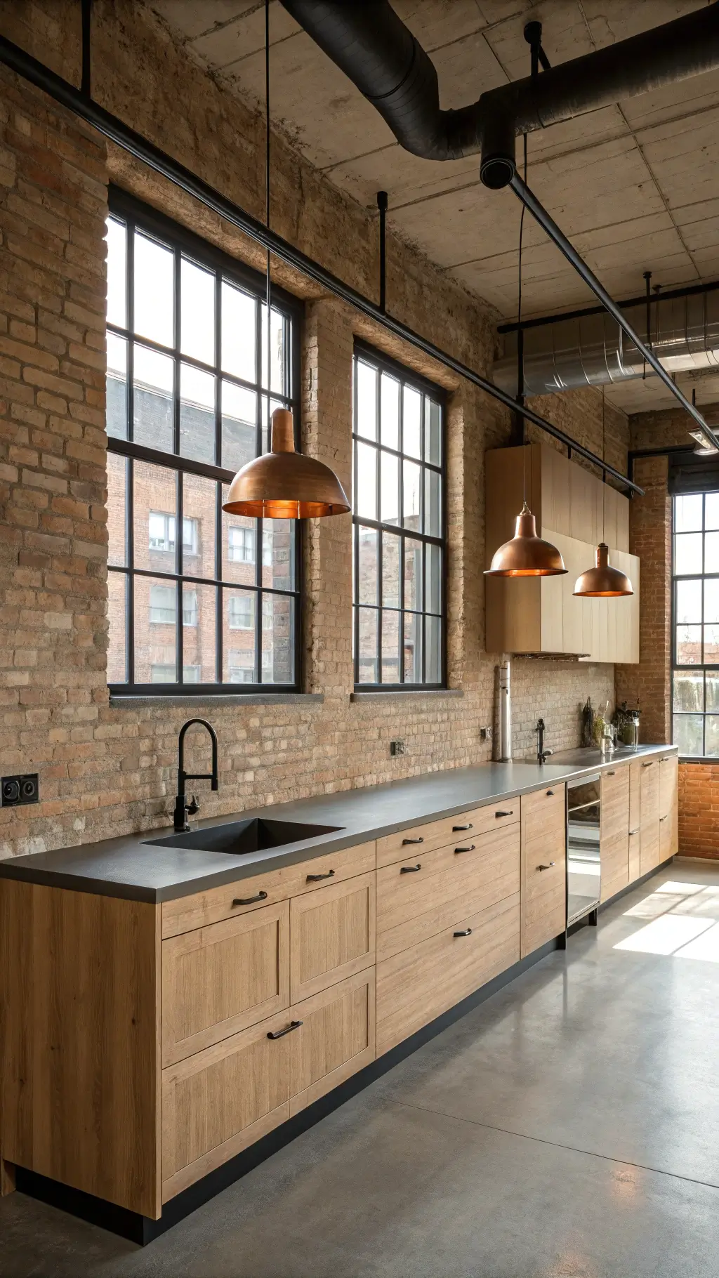 Sunlit industrial-modern kitchen with exposed brick wall, concrete countertops and copper pendant lights reflecting on stainless steel sink, emphasizing its height and urban sophistication