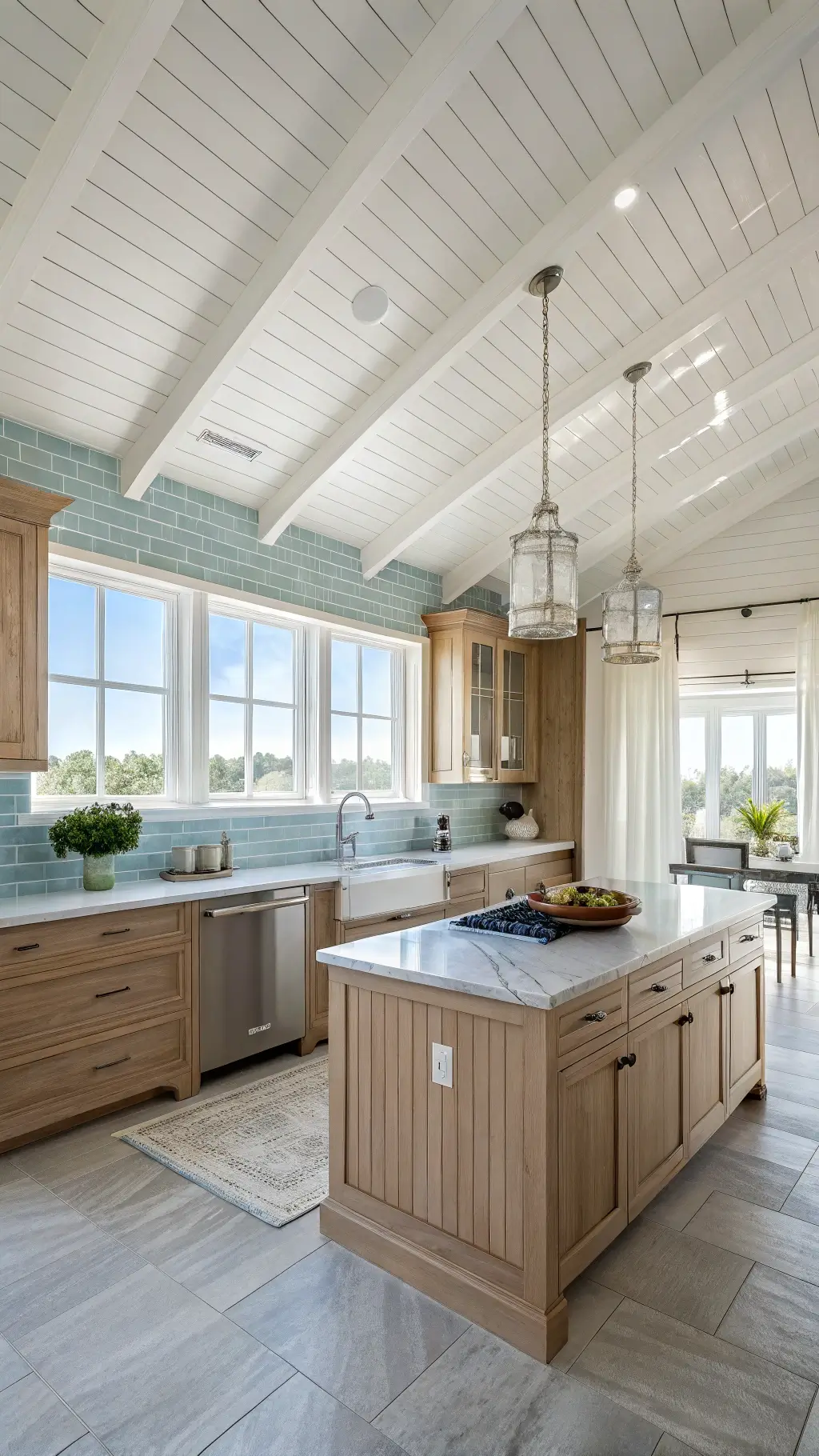 Elegant coastal kitchen with white-painted ceiling, light brown beadboard cabinets, marble countertops, blue-grey subway tile backsplash, and rattan pendant lights, illuminated by natural light through gossamer curtains