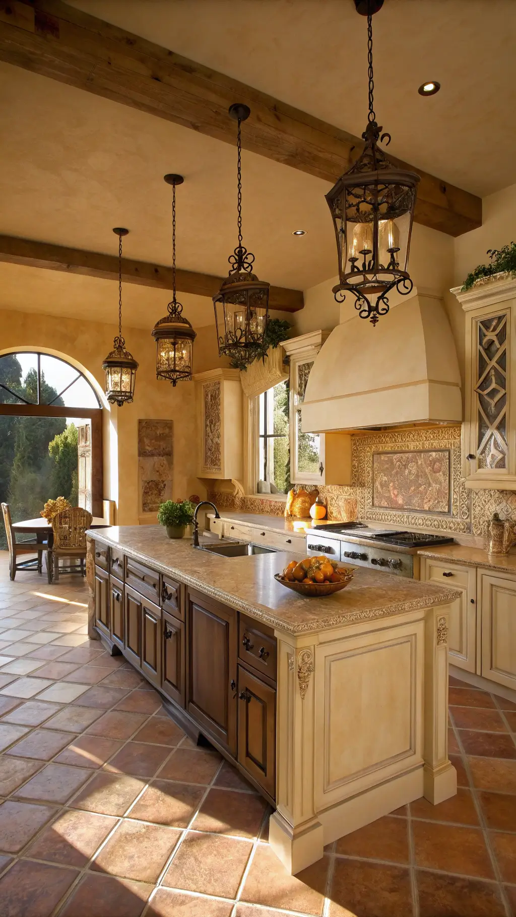 Mediterranean kitchen with terracotta floor tiles, light brown raised-panel cabinets, cream arabesque tile backsplash, hand-painted tile island and wrought iron pendant lights casting intricate shadows in golden afternoon light