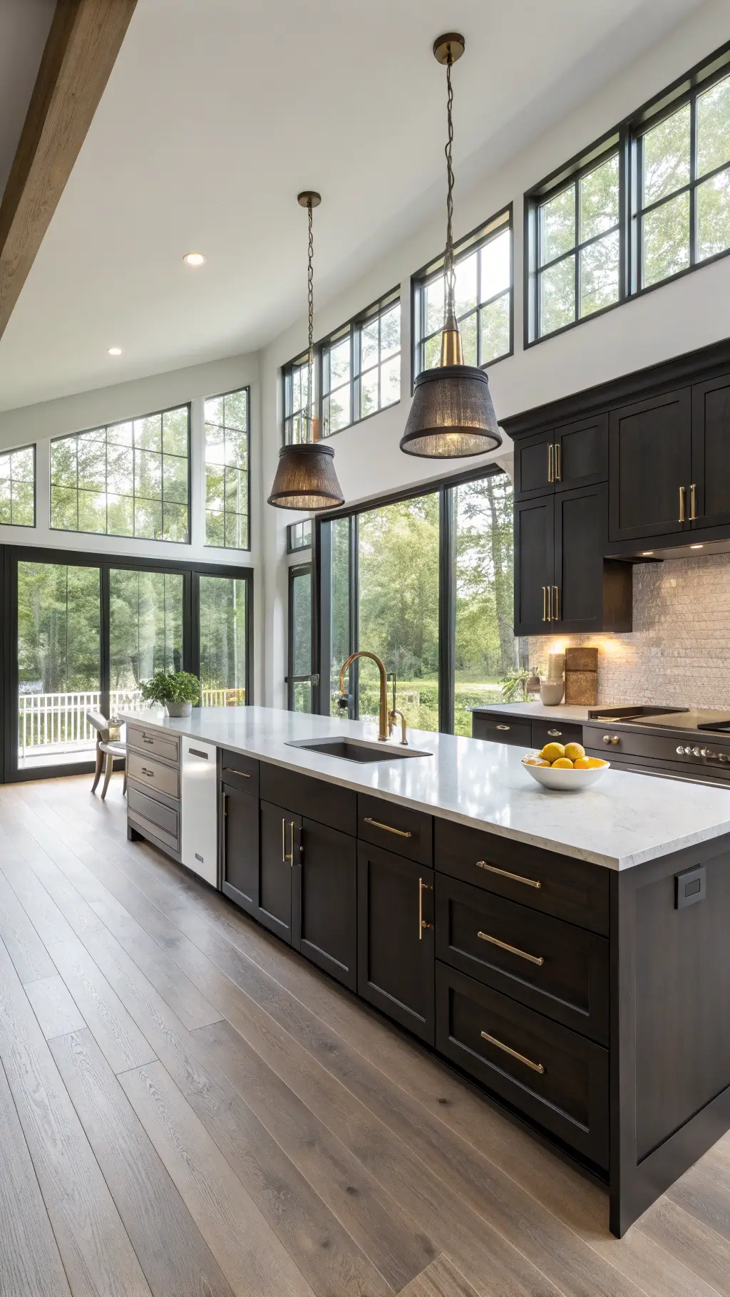 Contemporary kitchen with floor-to-ceiling windows, espresso cabinets, white quartz countertops, a central island with brass lights, stainless steel appliances, glass backsplash, and light oak flooring, highlighted by morning light