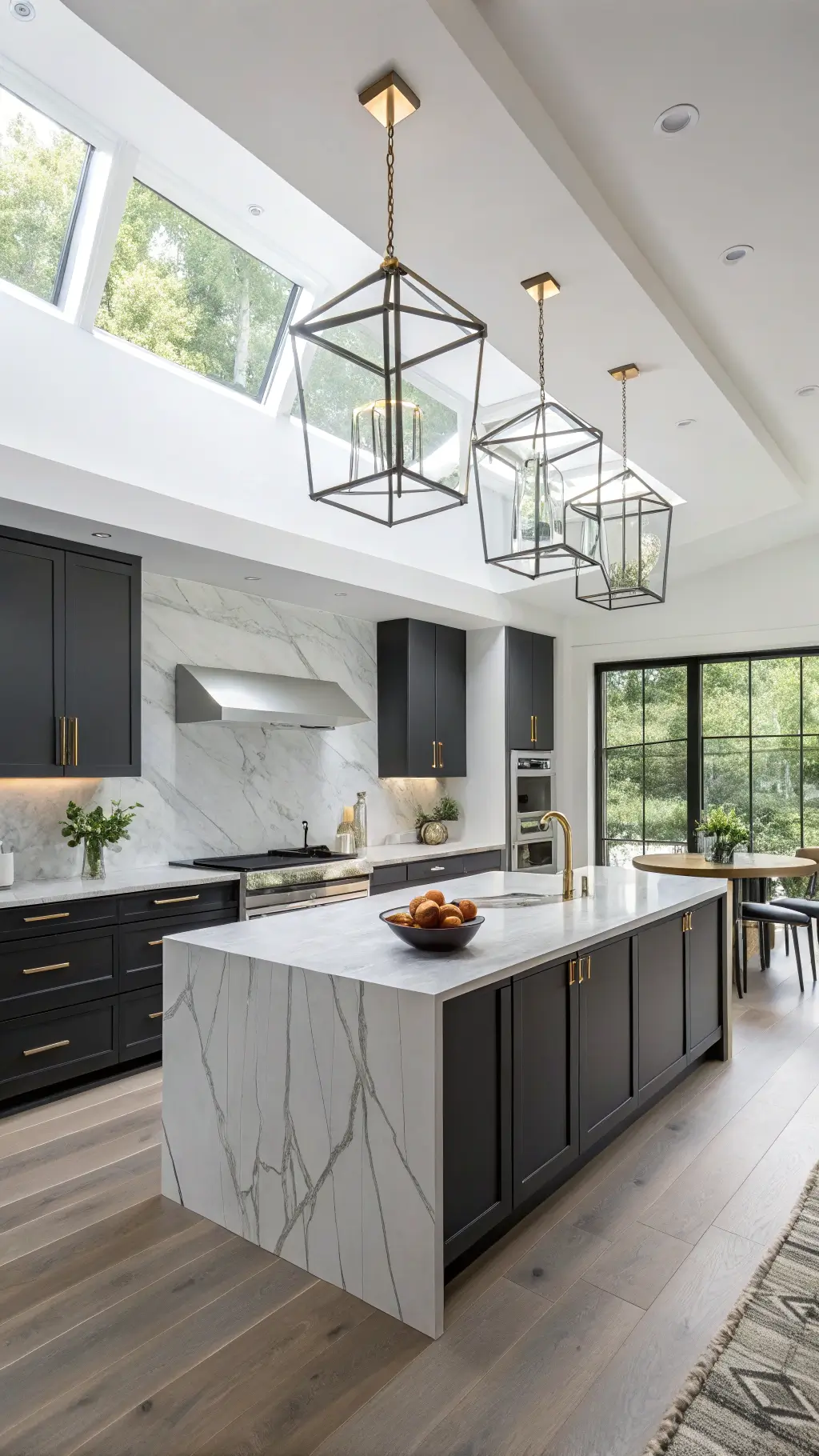 Modern L-shaped kitchen with charcoal cabinets, white quartz island, geometric brass pendant lights, and floor-to-ceiling windows, styled with chic décor.