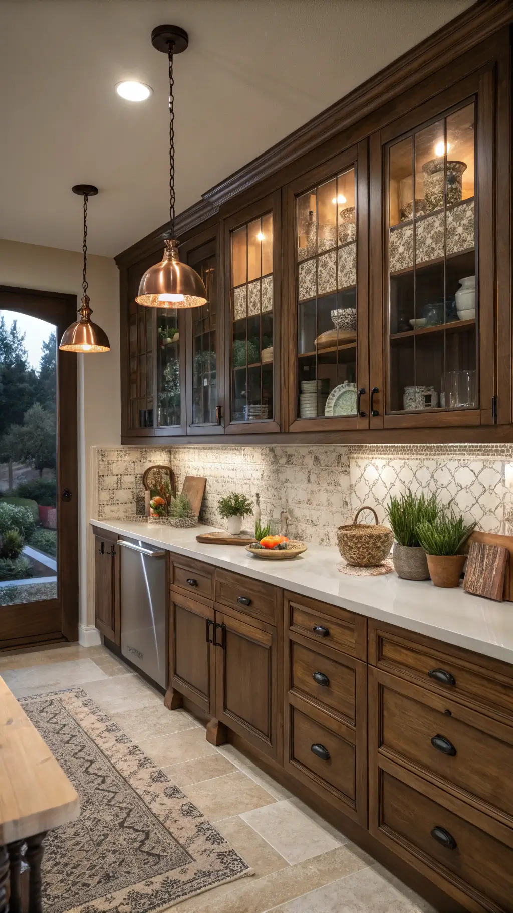 Vintage-inspired kitchen with walnut cabinets, cream limestone countertops, ceramic tile backsplash, and copper pendant lights at dusk