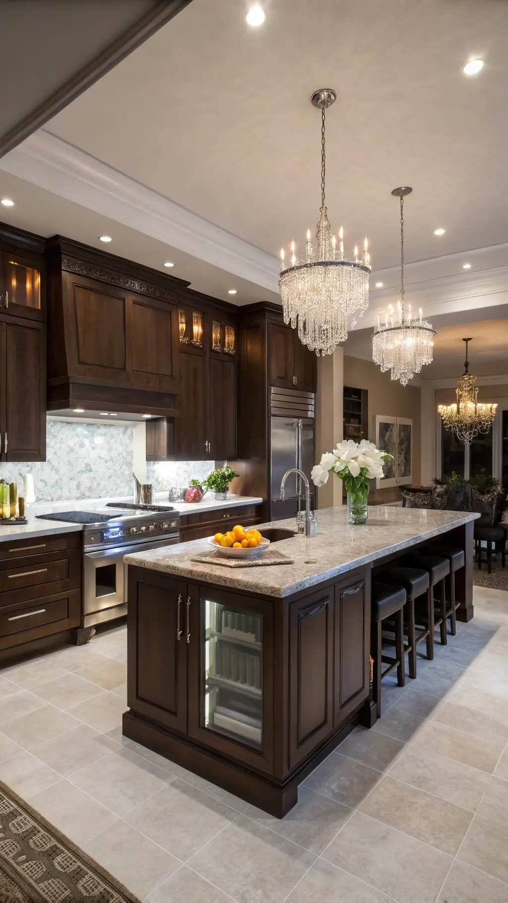 Dramatic open-concept kitchen with espresso cabinets, marble backsplash, large granite island, modern chandelier, and styled with orchids, art books, and metallic decor items in evening light.