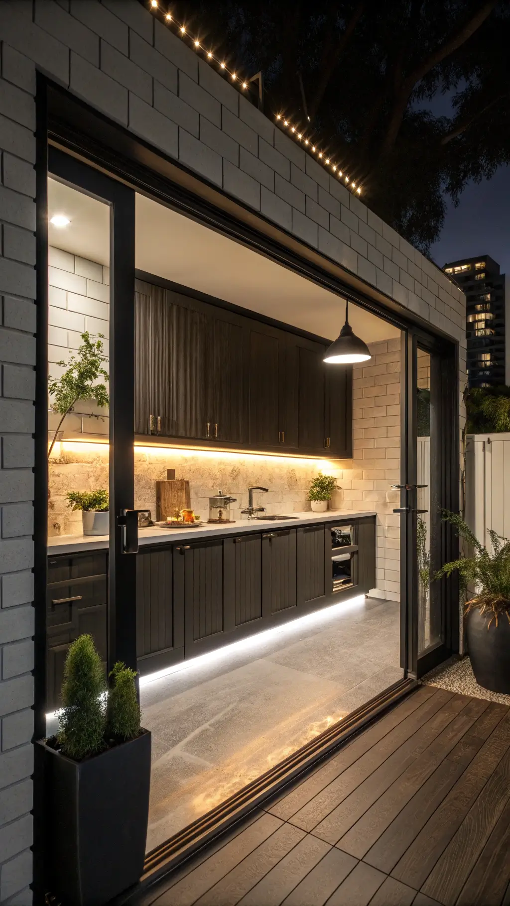 Night view of urban kitchen with charcoal cabinets, white countertops, dramatic under-cabinet lighting, and minimalist black accessories.