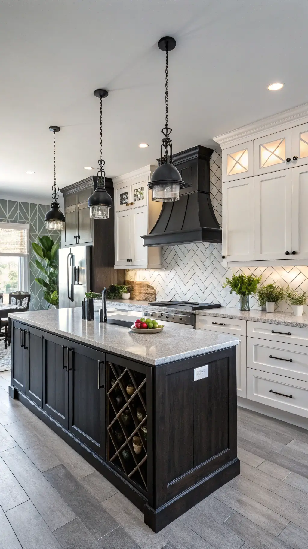 Transitional kitchen with two-tone cabinets, black granite countertops, white herringbone backsplash, and industrial pendant lights, styled with mixed metallics and greenery in afternoon light.