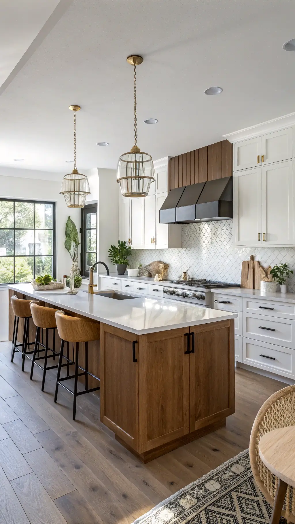Sophisticated two-tone kitchen with white and walnut cabinets, marble island, black fixtures, and brass accents in a sunlit open-concept space with oak flooring.