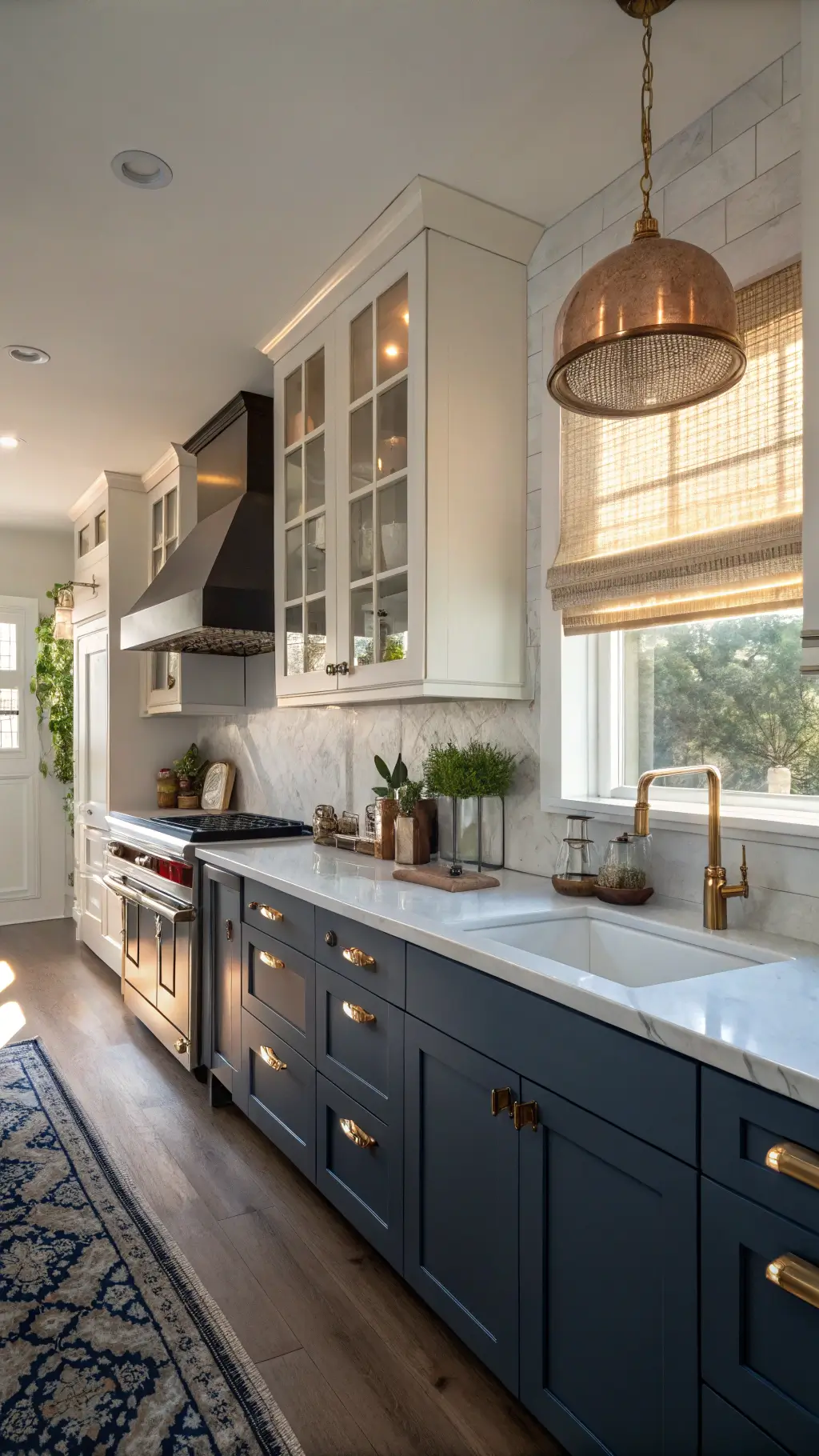 Intimate galley kitchen featuring navy blue lower cabinets and cloud-white upper cabinets, quartz countertops, and herringbone marble backsplash with copper cookware and potted eucalyptus under warm golden hour lighting.