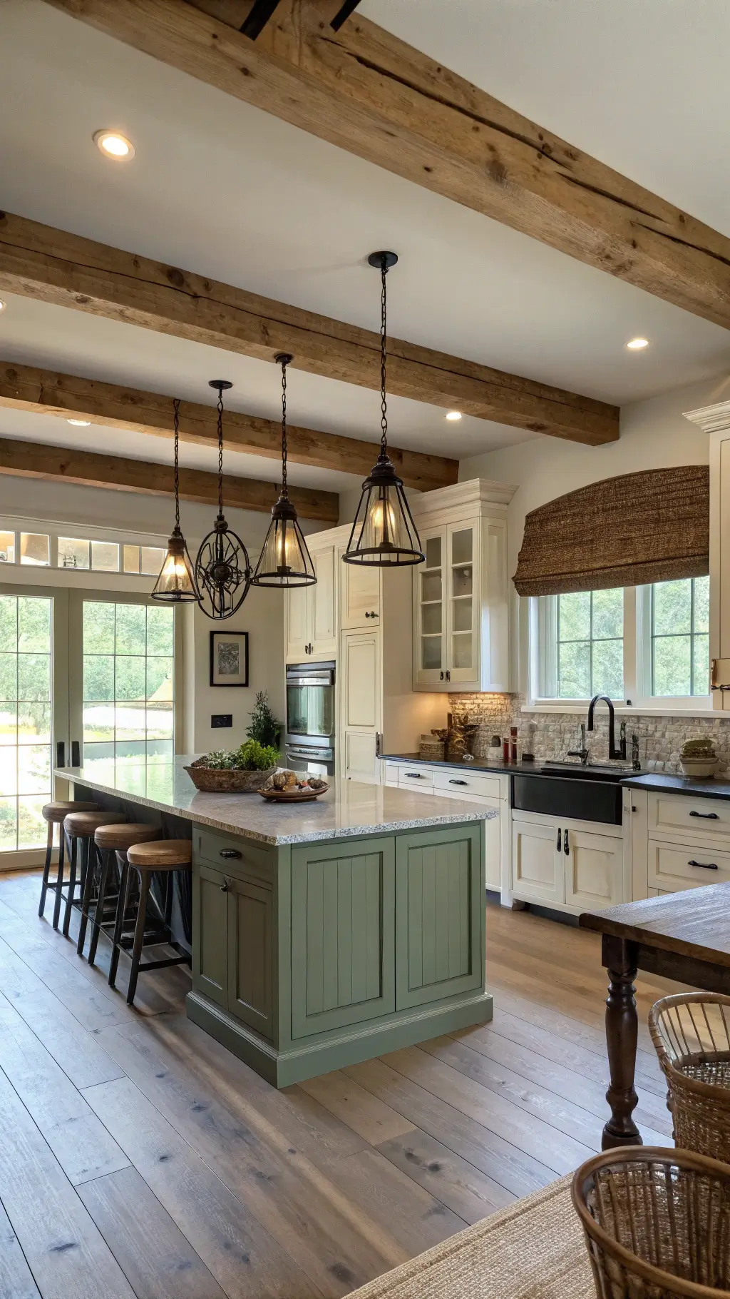 Modern farmhouse kitchen with sage green and cream cabinets, distressed black island, exposed wooden beams, vintage pendants, and decor items, illuminated by mid-morning light through plantation shutters.