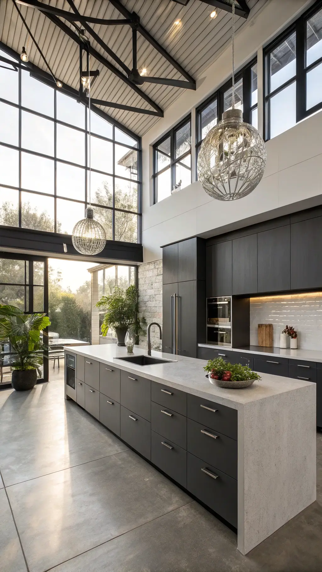 Contemporary kitchen with industrial high ceilings, steel-framed windows, charcoal gray and white cabinets, a concrete island, brushed nickel hardware, and glass pendants; styled with geometric sculptures and plants with a color scheme of warm grays, whites, and metallic accents.