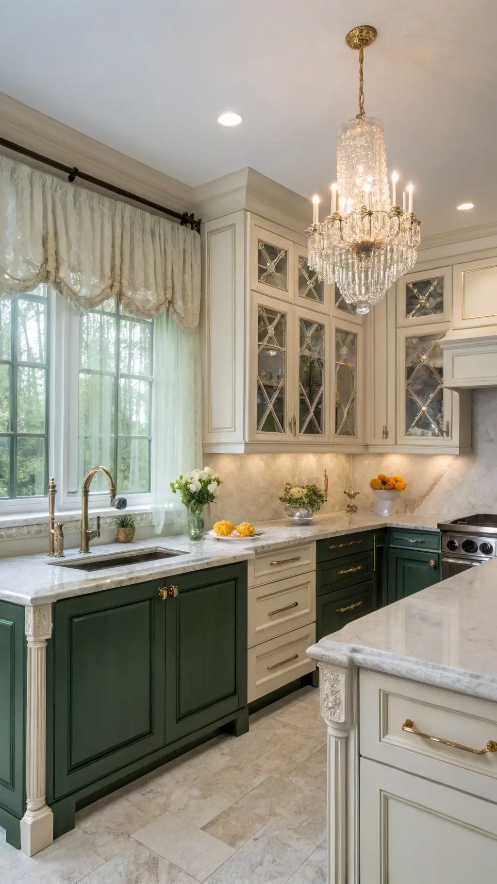 Transitional styled kitchen with cream and forest green cabinets, marble countertops, a crystal chandelier over a prep island, vintage silver and white ironstone styling accents, fresh citrus, and parquet flooring in a soft diffused light setting.