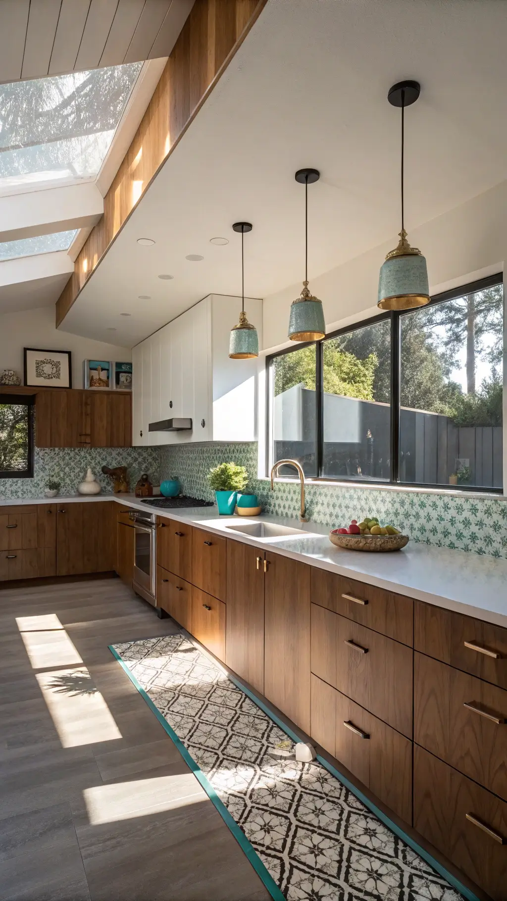 Mid-century modern kitchen featuring teak and white laminate cabinets, terrazzo countertops, geometric tile backsplash, and cork flooring with contrasting warm wood and bright white color palette, illuminated by late afternoon sunlight creating dramatic shadows from clerestory windows and brushed brass pendant lights.