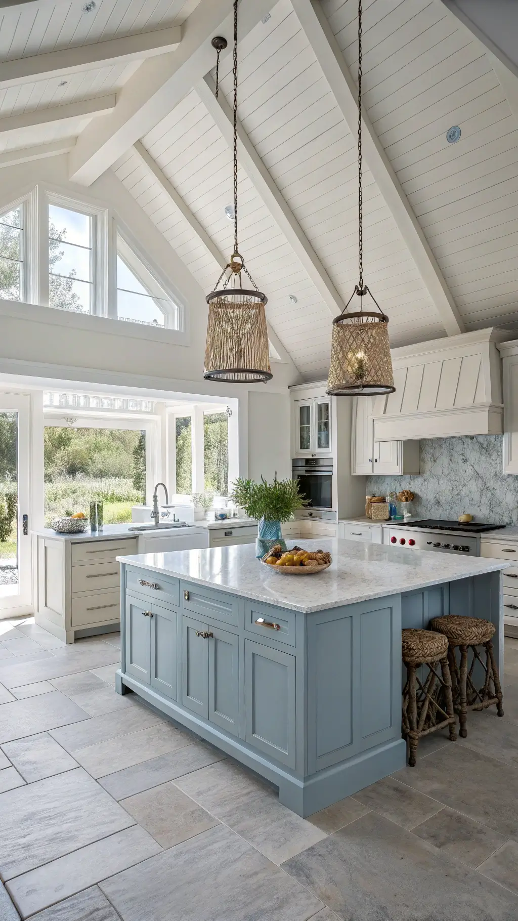 A spacious coastal kitchen with cathedral ceiling, gray and blue-gray cabinets, white oak island with marble top, ceramic pendant lights, and layered coastal elements. Morning mist seeps through French doors, casting diffused natural light.